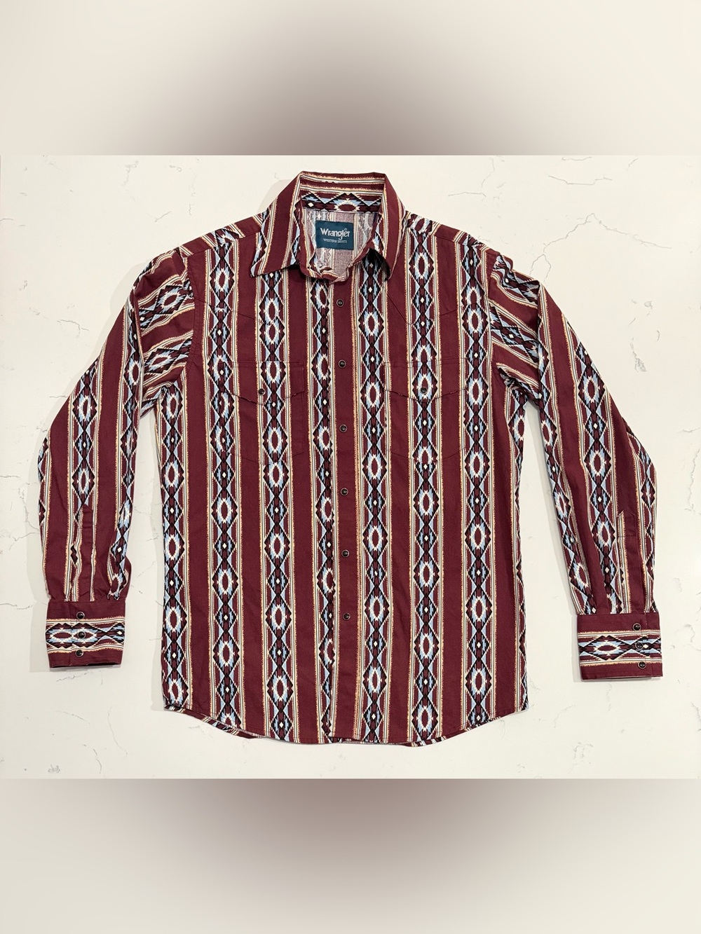 Wrangler Western Shirt Men’s Small Burgundy Aztec Southwestern Snap Front